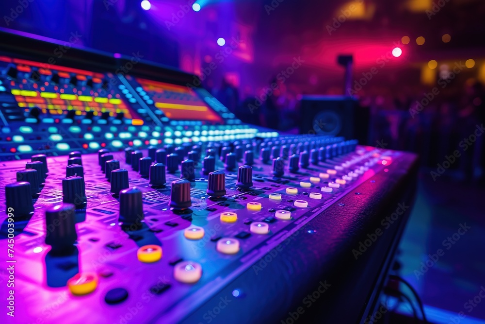Fototapeta premium SoundCrafting Masterpiece: The Engineer's Domain,Audio Mixing Engineer at Work with Studio Console