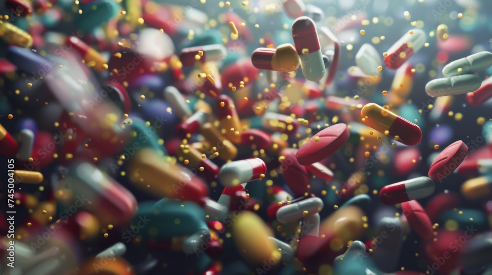 Macro shot of multicolored medicines scattered reflecting the vital role of drugs in healthcare - obrazy, fototapety, plakaty 