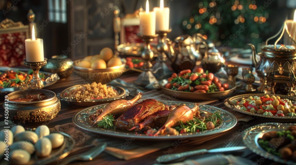 Traditional ramadan Feast Setup with Ornate Dishware and a Variety of Middle Eastern Foods Traditional ramadan Feast Setup with Ornate Dishware and a Variety of Middle Eastern Foods