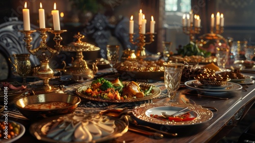 Traditional ramadan Feast Setup with Ornate Dishware and a Variety of Middle Eastern Foods