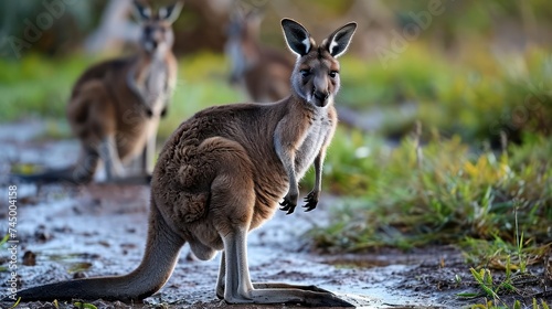 dynamic portrayal of playful kangaroos hopping around in the mud, highlighting their unique marsupial forms and energetic play