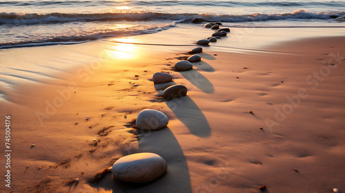 Show me stones near the sea at sunrise, casting long shadows on the sand.