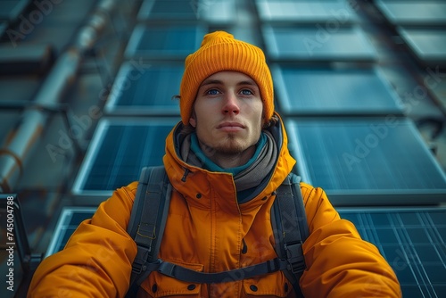 A man in a yellow jacket and hat, wearing personal protective equipment, sits on top of a solar panel in a fun and fashionable electric blue knit cap