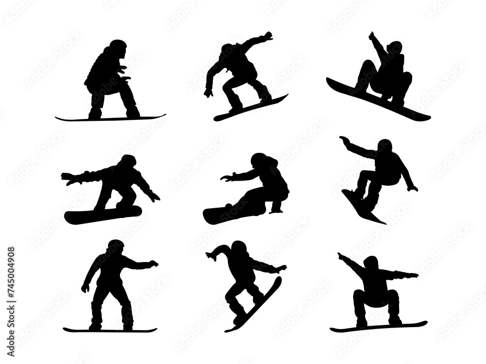 Fototapeta premium Set of Snowboarding riding Silhouette in various poses isolated on white background