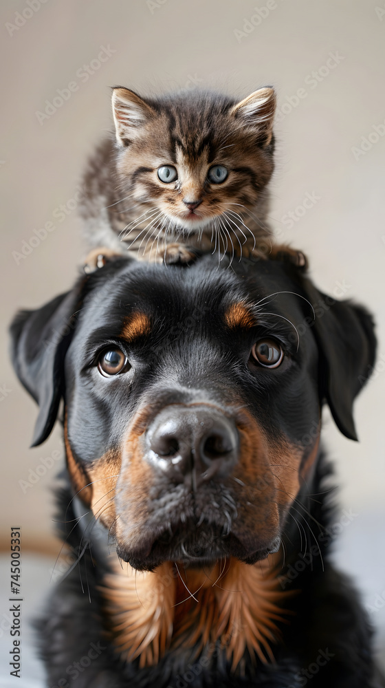 A kitten on top of a rottweiler, pet day A kitten on top of a rottweiler, pet day