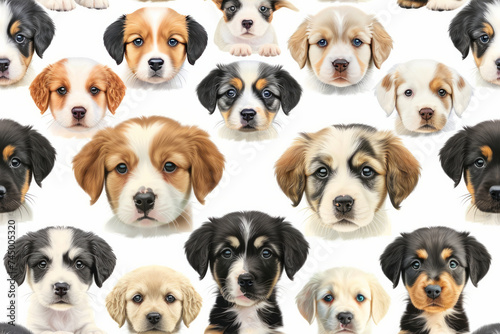 Set of heads of puppies of various breeds of dogs isolated on white background.