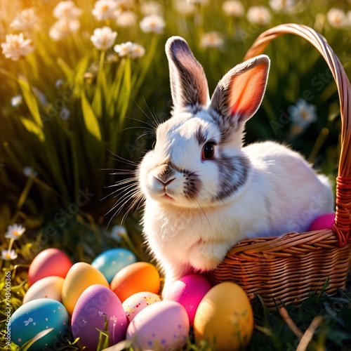 Cute bunny rabbit with colorful easter eggs, traditional easter spring tradition