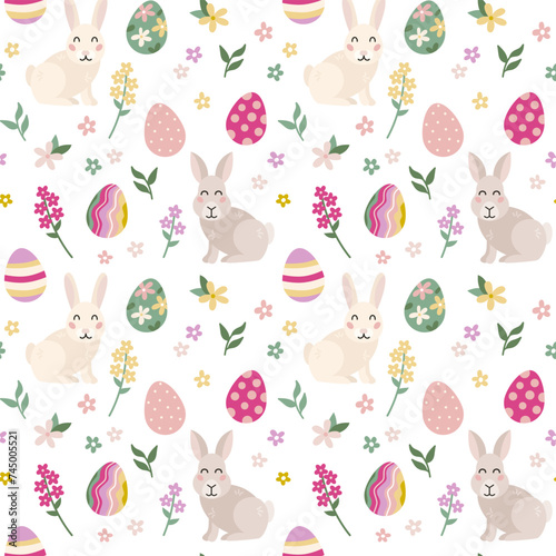 Easter spring seamless pattern with cute rabbit, eggs, flowers.