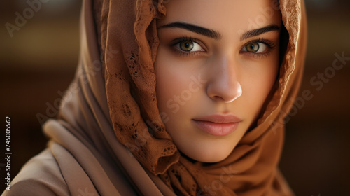 Close-up portrait of beautiful muslim woman in beige hijab on brown background.