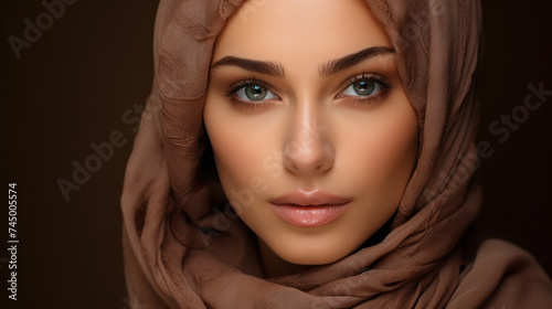 Close-up portrait of beautiful muslim woman in beige hijab on brown background.