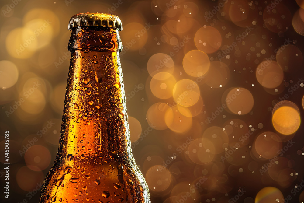 A backlit brown beer bottle with droplets and condensation
 - obrazy, fototapety, plakaty 