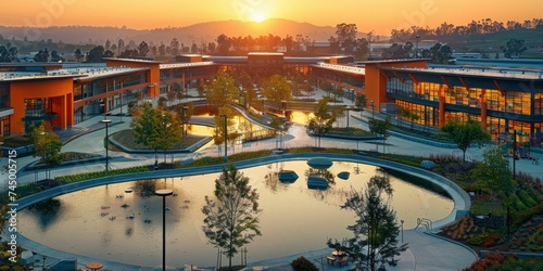 An aerial view captures a middle school campus glowing in golden hues at sunset, highlighting outdoor learning areas.