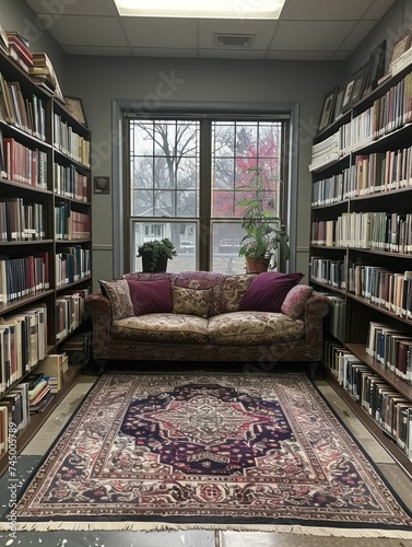 Exploring worlds beyond their own, students are invited by shelves of books in a cozy high school English classroom.