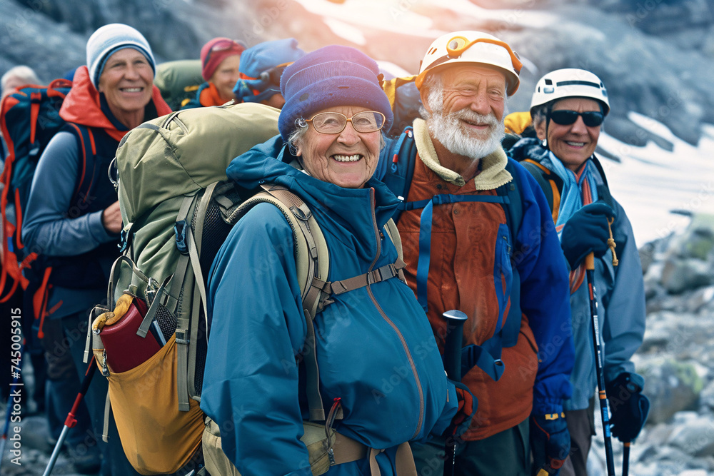 Obraz premium Active pensioners go mountaineering. group of elderly people with backpacks are climbing mountain.