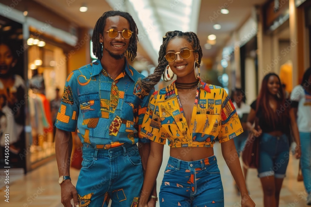 Two black people, man and woman with happy faces, walk side by side in shopping mall, dressed in bright, patterned clothes. They are surrounded by other shoppers and shops.