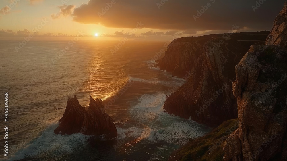 This photo shows breathtaking sunset against backdrop of sea coast with high cliffs. Sun on horizon illuminates sky, sea and rocks, creating warm and calm atmosphere