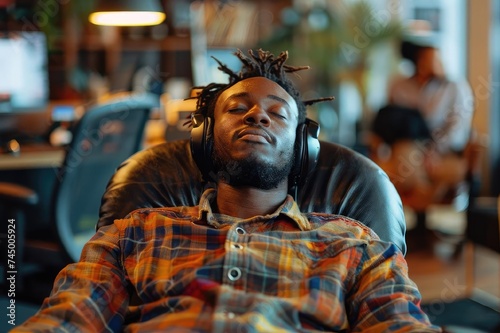 Black man, 30 years old, wearing headphones, sitting in a chair in a well-lit room, perhaps an office or co-working space, with modern furniture and decor.