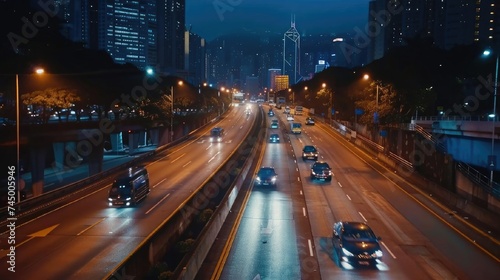 This photo shows bustling cityscape at night, focusing on well-lit, busy road. Numerous cars are visible on road, their headlights and taillights illuminating scene.