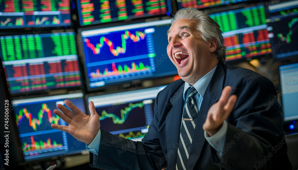 professional middle aged businessman in suit looking excited stock market