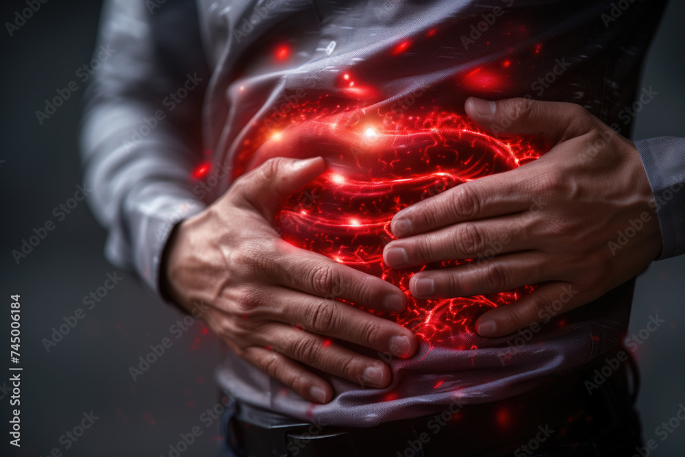 Stomach ulcer, man with abdominal pain suffering on a gray background, symptoms of gastritis, diseases of the digestive system, health problems concept - obrazy, fototapety, plakaty 