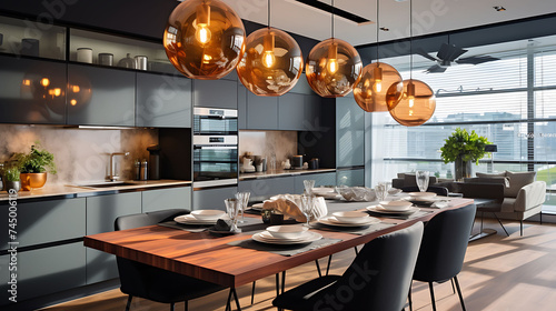 An image of an open-plan kitchen with a glass backsplash and pendant lights. © Muhammad