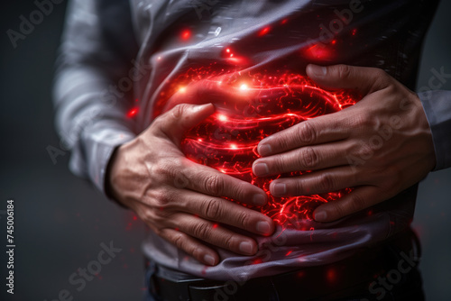 Stomach ulcer, man with abdominal pain suffering on a gray background, symptoms of gastritis, diseases of the digestive system, health problems concept © staras