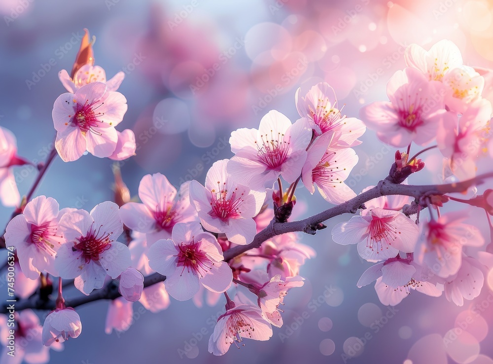 Delicate cherry blossoms captured in soft pink tones against a bokeh light background, symbolizing spring's arrival.
