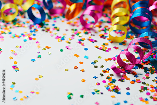 A festive party or carnival border with coiled streamers and confetti, featuring space for text