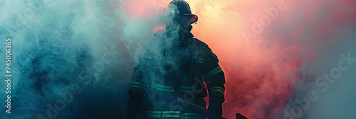 Fireman with axes in the smoke. photo