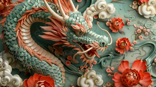A detailed 3D illustration of a colorful Chinese dragon entwined with blooming flowers on a teal background.
