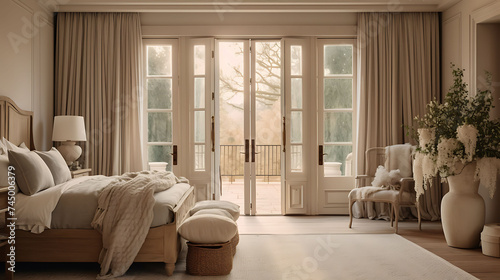 An image of a classic bedroom with French doors and elegant curtains.