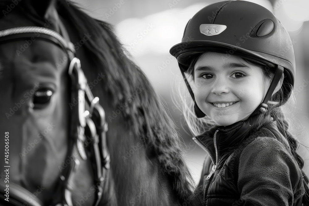A young girl in helmet smiling next to a horse in bridle A young girl in helmet smiling next to a horse in bridle