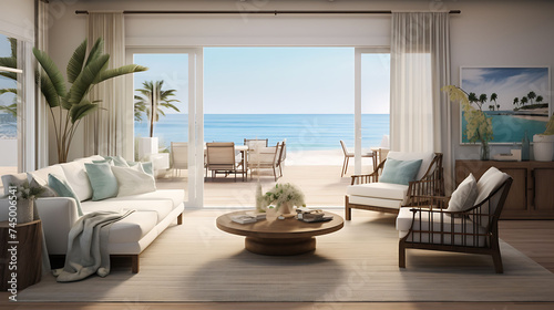 An image of a coastal living room with large sliding glass doors and beach-themed decor.