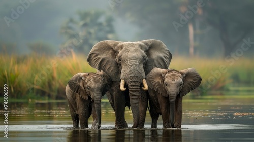 Three elephants in their natural environment, standing in the water