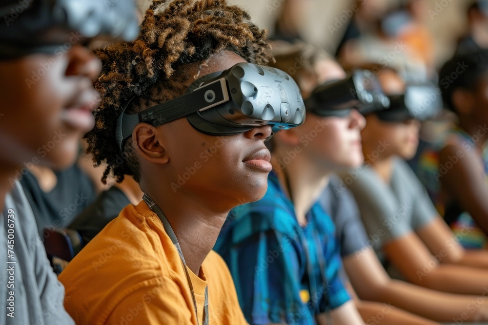 Fototapeta premium Middle school students, amazed by virtual reality simulations on tablets, express wonder in a bright classroom.