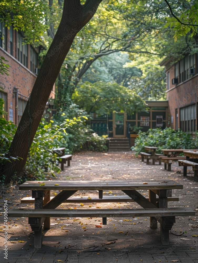 Tranquil school courtyard with benches, trees, and buildings creating a peaceful study environment.