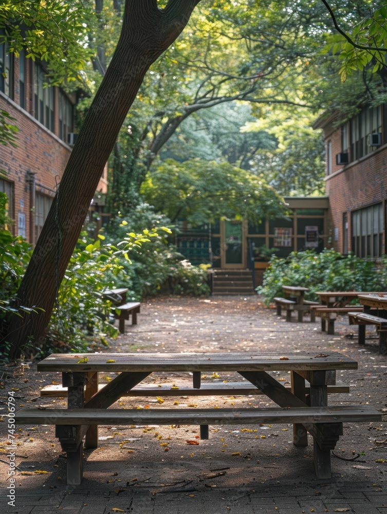 Tranquil school courtyard with benches, trees, and buildings creating a peaceful study environment. Tranquil school courtyard with benches, trees, and buildings creating a peaceful study environment.