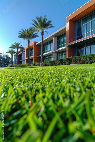 A modern high school building with a lush green lawn, highlighting the eco-friendly focus of today's educational institutions.