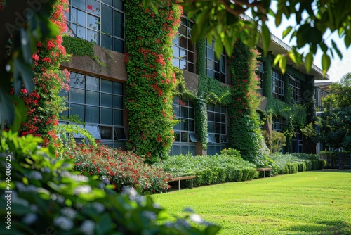 Lush greenery surrounding an eco-friendly high school building, emphasizing sustainability and environmental consciousness in education.