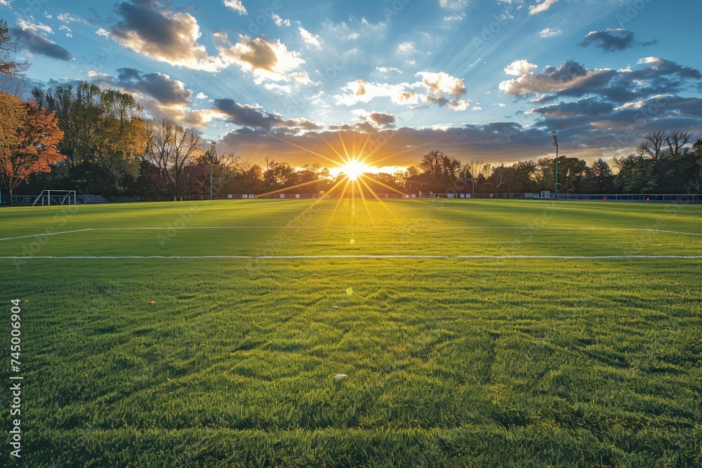 Fototapeta premium As the sun sets, goalposts cast shadows, epitomizing teamwork in high school sports and extracurricular life.