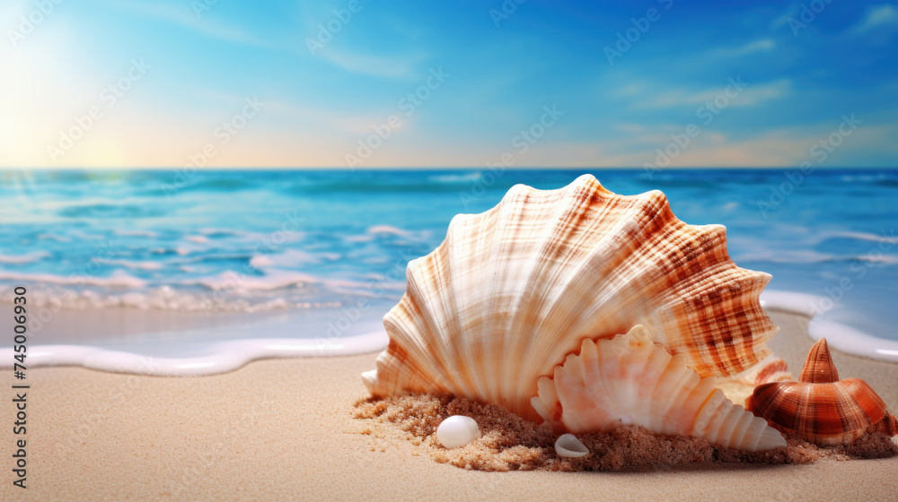 Seashell on the summer beach in sea water. Summer background. Summer time. Seashell on the summer beach in sea water. Summer background. Summer time.