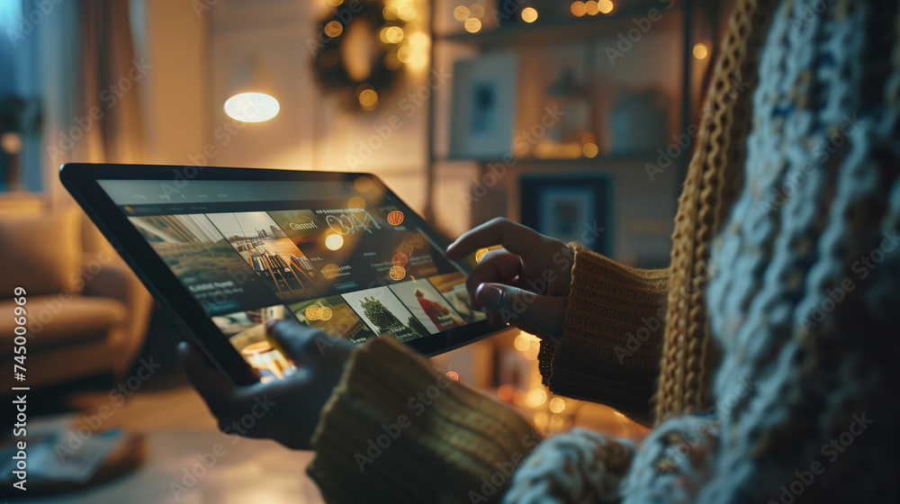 Hands holding digital tablet with display showing an AI-powered search interface. The background is blurred cozy living room interior, User-friendly AI search feature and using AI assistance concept - obrazy, fototapety, plakaty 