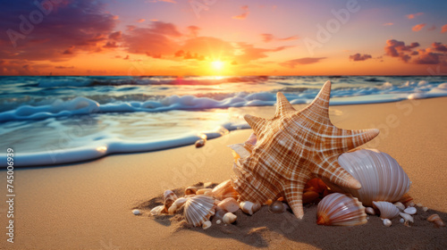 Seashell on the summer beach in sea water. Summer background. Summer time.