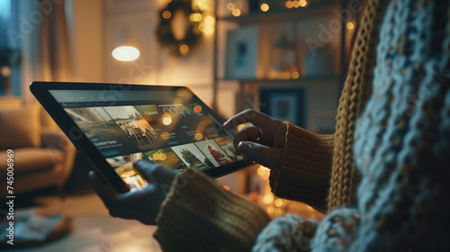 Hands holding digital tablet with display showing an AI-powered search interface. The background is blurred cozy living room interior, User-friendly AI search feature and using AI assistance concept