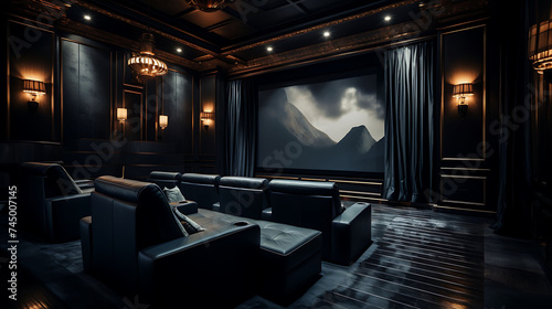 An image of a home theater with blackout curtains and plush theater seating. © Muhammad