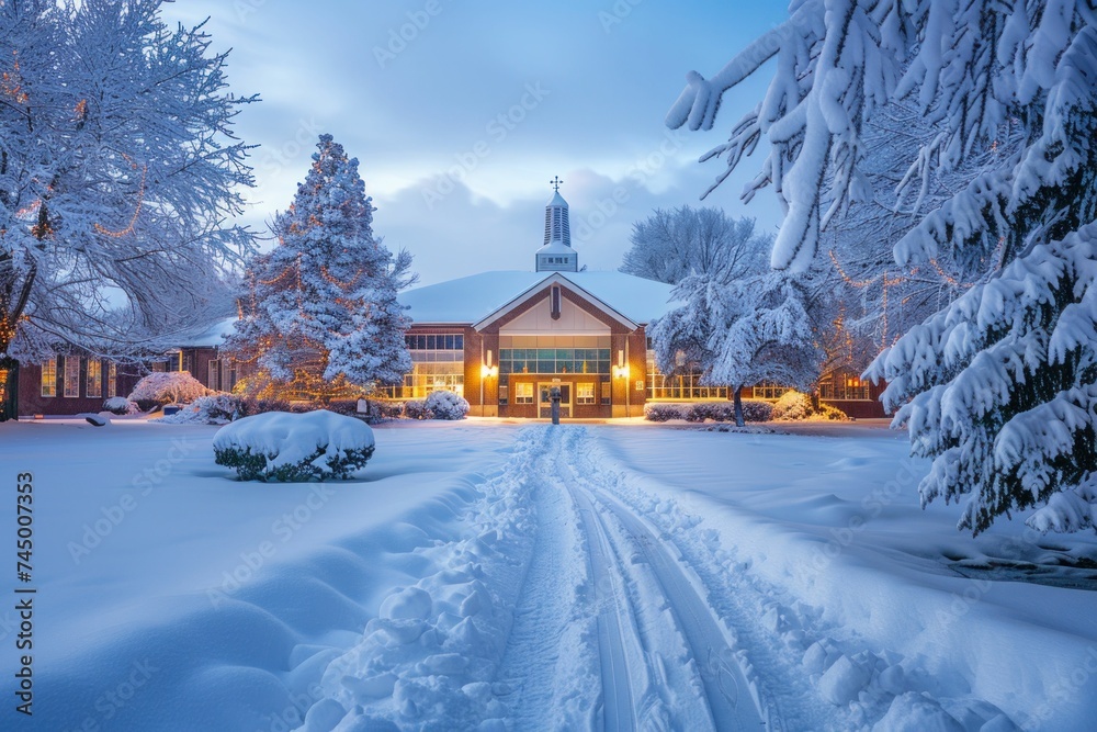 Fototapeta premium The high school, cloaked in snow, glows with warm lights, fostering community and warmth within.