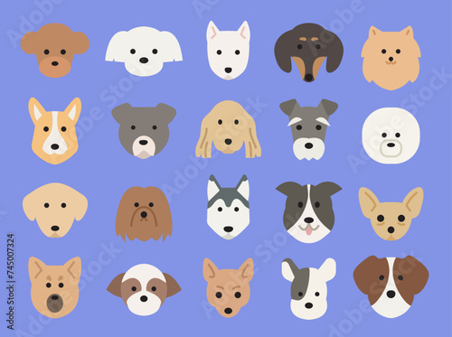 Flat style illustration of various dog faces. 