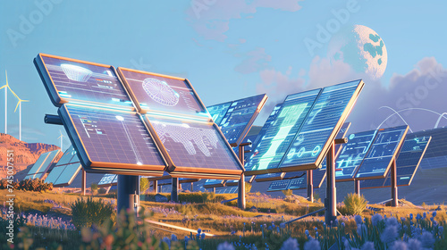 A futuristic solar farm, where smart solar panels equipped with AI technology automatically adjust angles to capture sunlight. A digital screen showing real-time analytics and efficiency improvements.