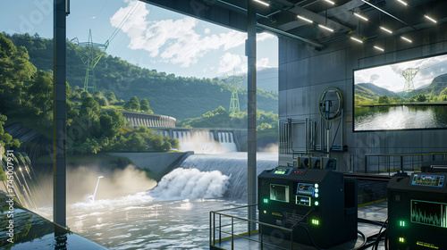 Hydroelectric dam, set in a mountain landscape, where water flows through turbines. The dam is integrated with AI technology to make the potential on hydroelectric power, a sustainable energy future.