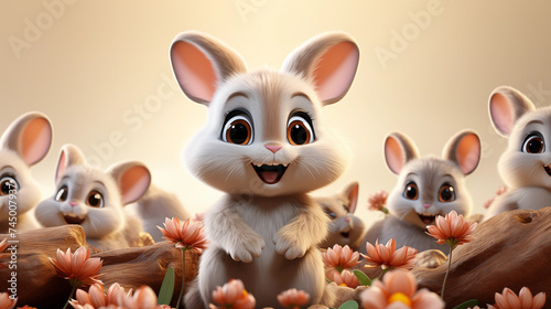 Group of cute bunnies easter with flowers cartoon © Surasri